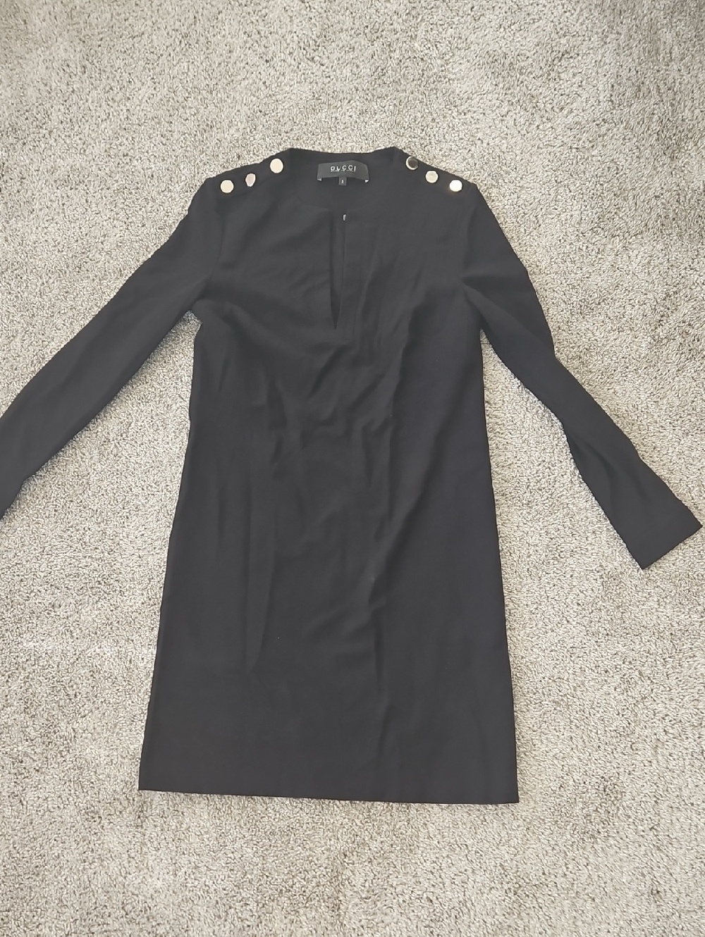 Gucci Black Long-Sleeve Shift Dress with Gold Shoulder Buttons Minimalist S - Picture 2 of 10